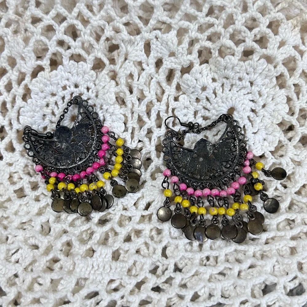 Dangle Hook Chandelier Earrings Boho Filigree Bead Pink Yellow Black Drop